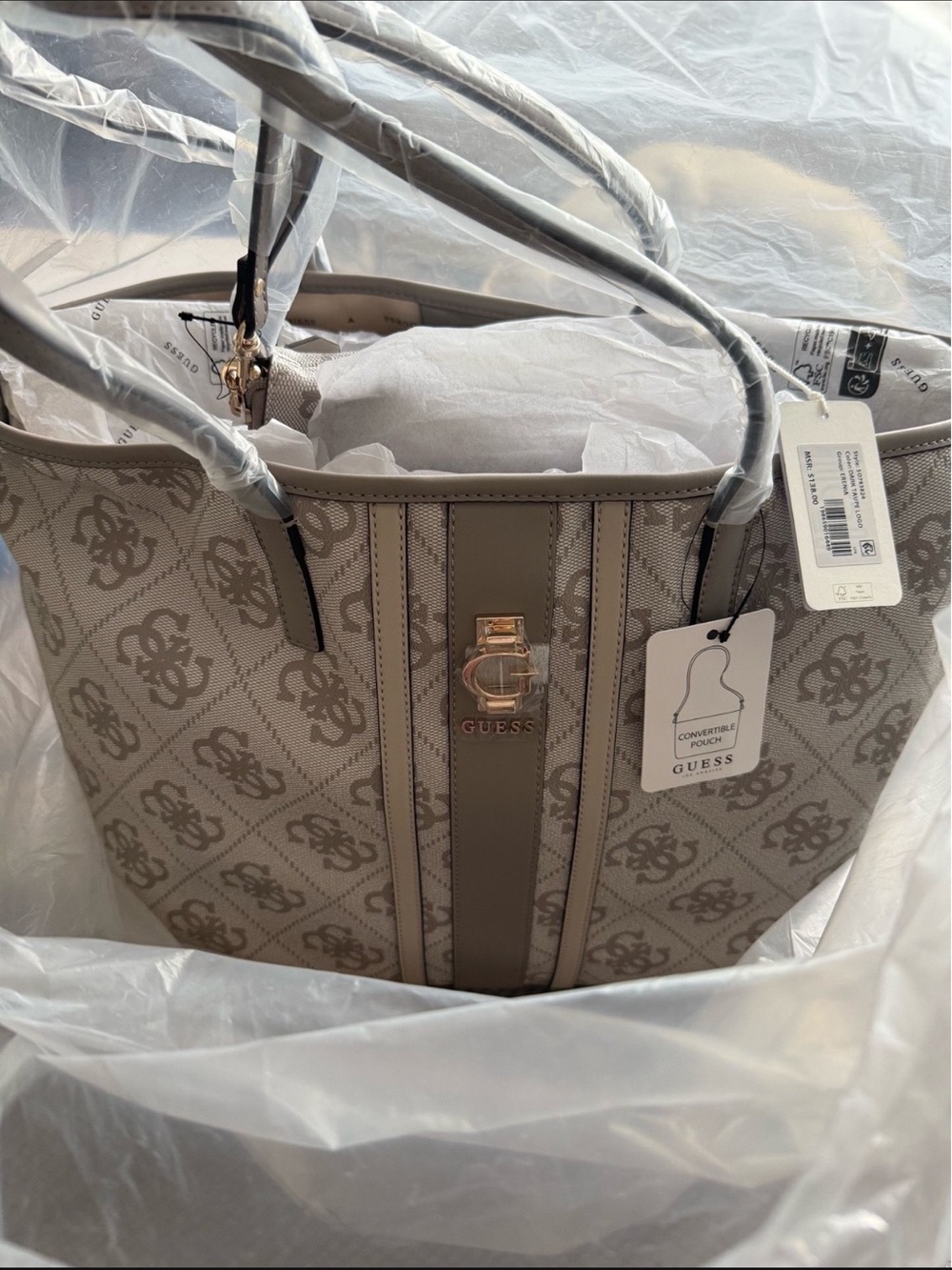 GUESS Beige Taupe Logo-Print Tote with Gold Hardware
